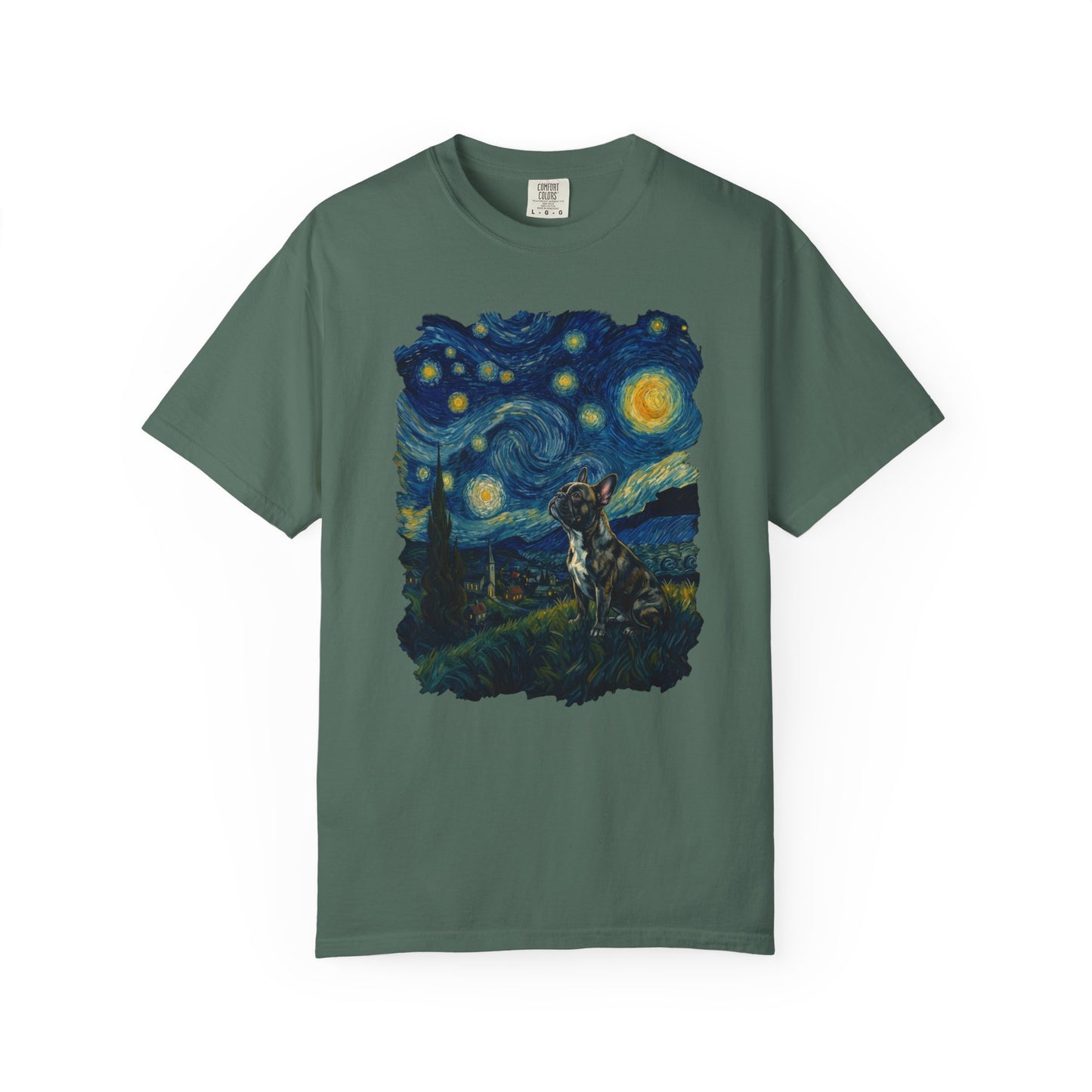 Starry Night French Bulldog T-Shirt in Blue Spruce from When Dogs Fly