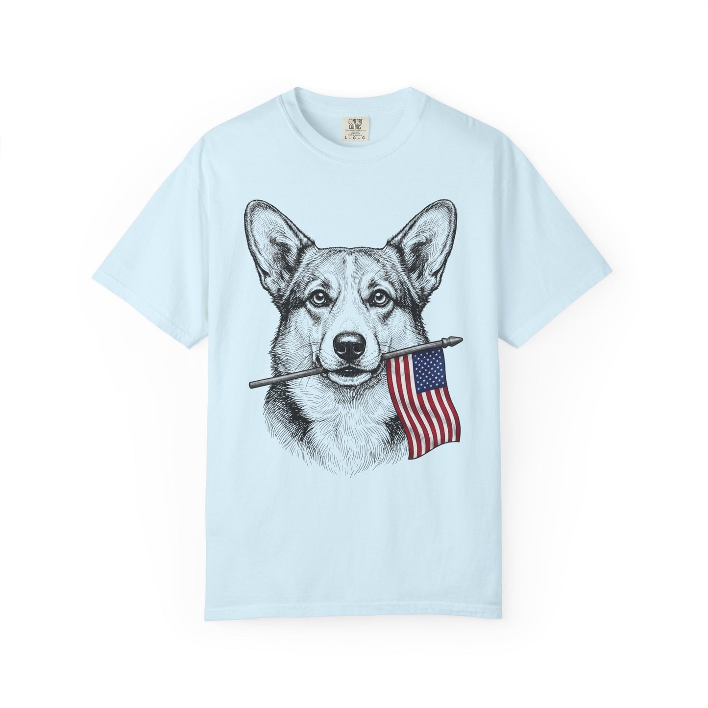 Red, White & Corgi American Flag T-Shirt in Chambray from When Dogs Fly
