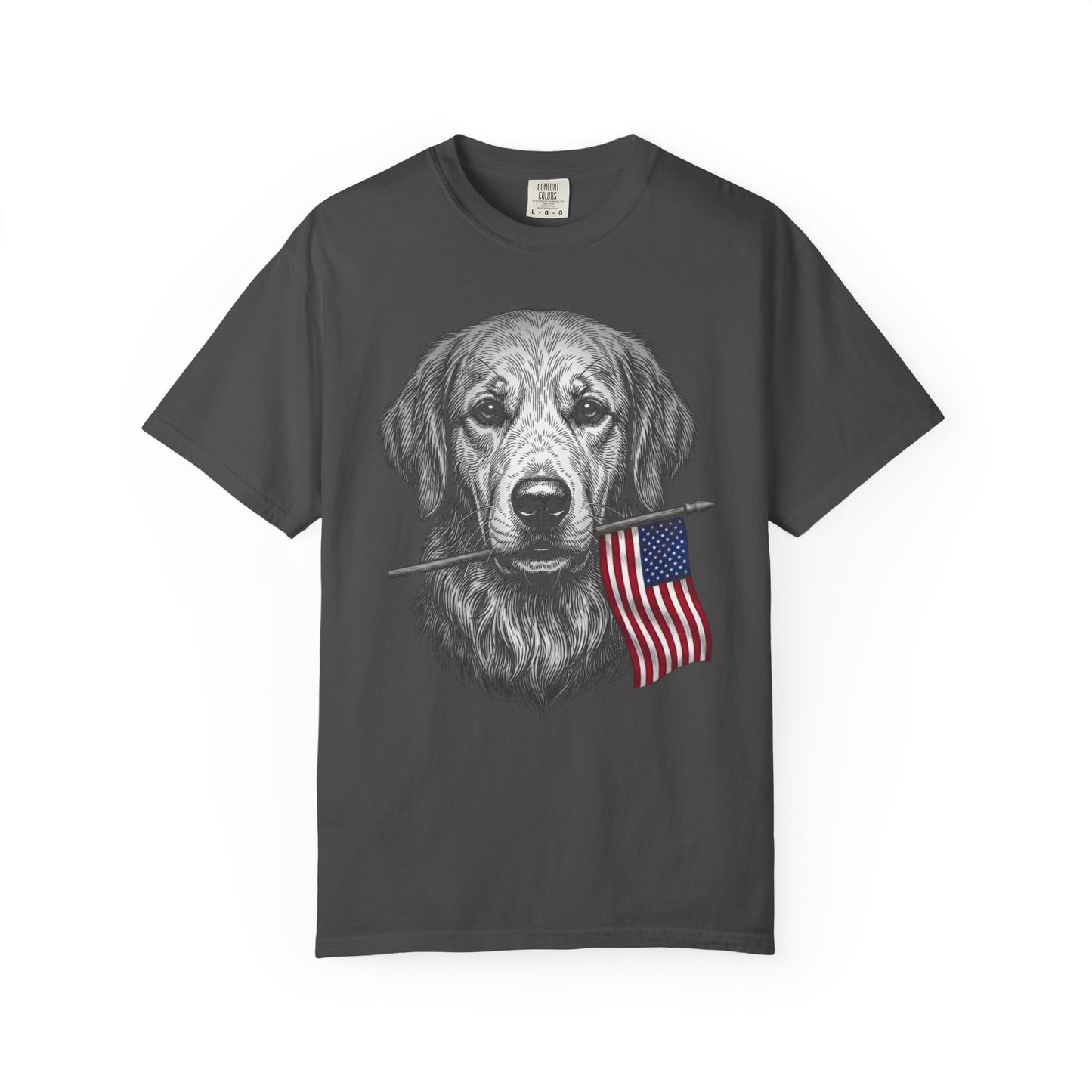 Red, White & Golden Retriever American Flag T-Shirt in Graphite from When Dogs Fly