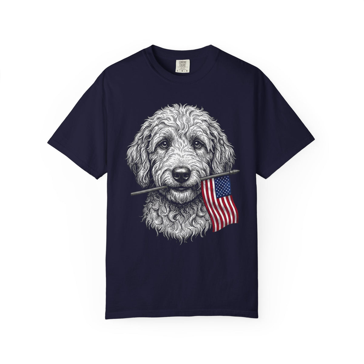 Red, White & Labradoodle American Flag T-Shirt in True Navy from When Dogs Fly
