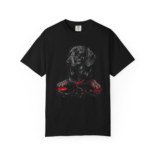 Spin, Sit, Stay Red Mix Dachshund T-Shirt in Black from When Dogs Fly