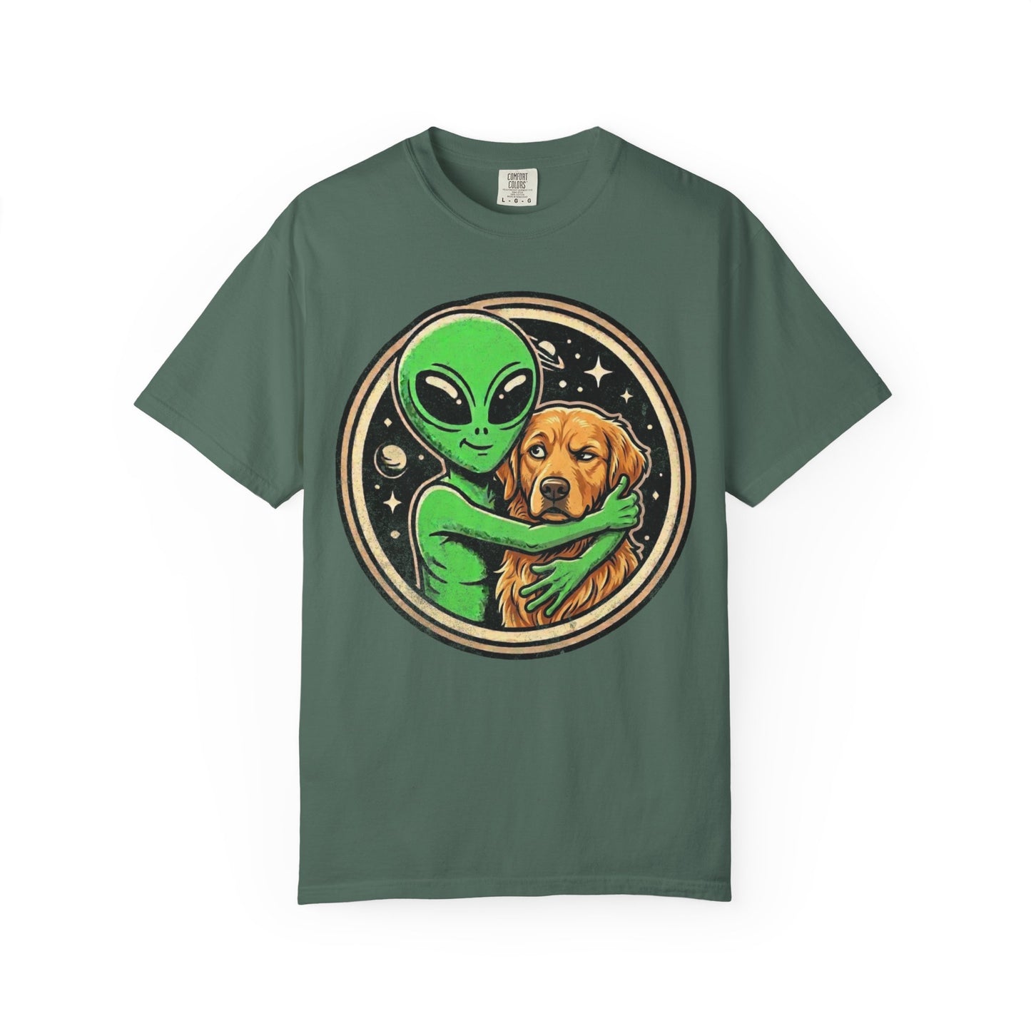 Every Alien Needs a Golden Retriever T-Shirt in Blue Spruce from When Dogs Fly