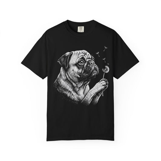 Pug Dandelion Seeds T-Shirt in Black from When Dogs Fly