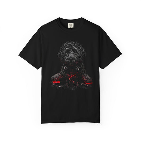 Spin, Sit, Stay Red Mix Labradoodle T-Shirt in Black from When Dogs Fly