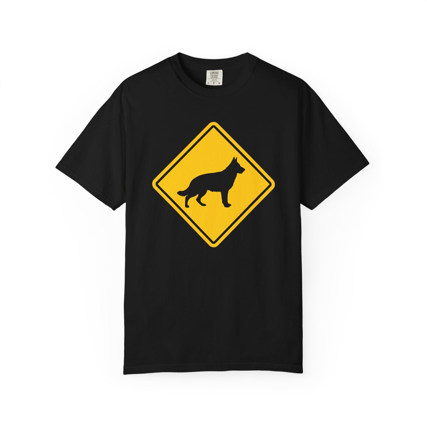 German Shepherd Dog Crossing T-Shirt in Black from When Dogs Fly