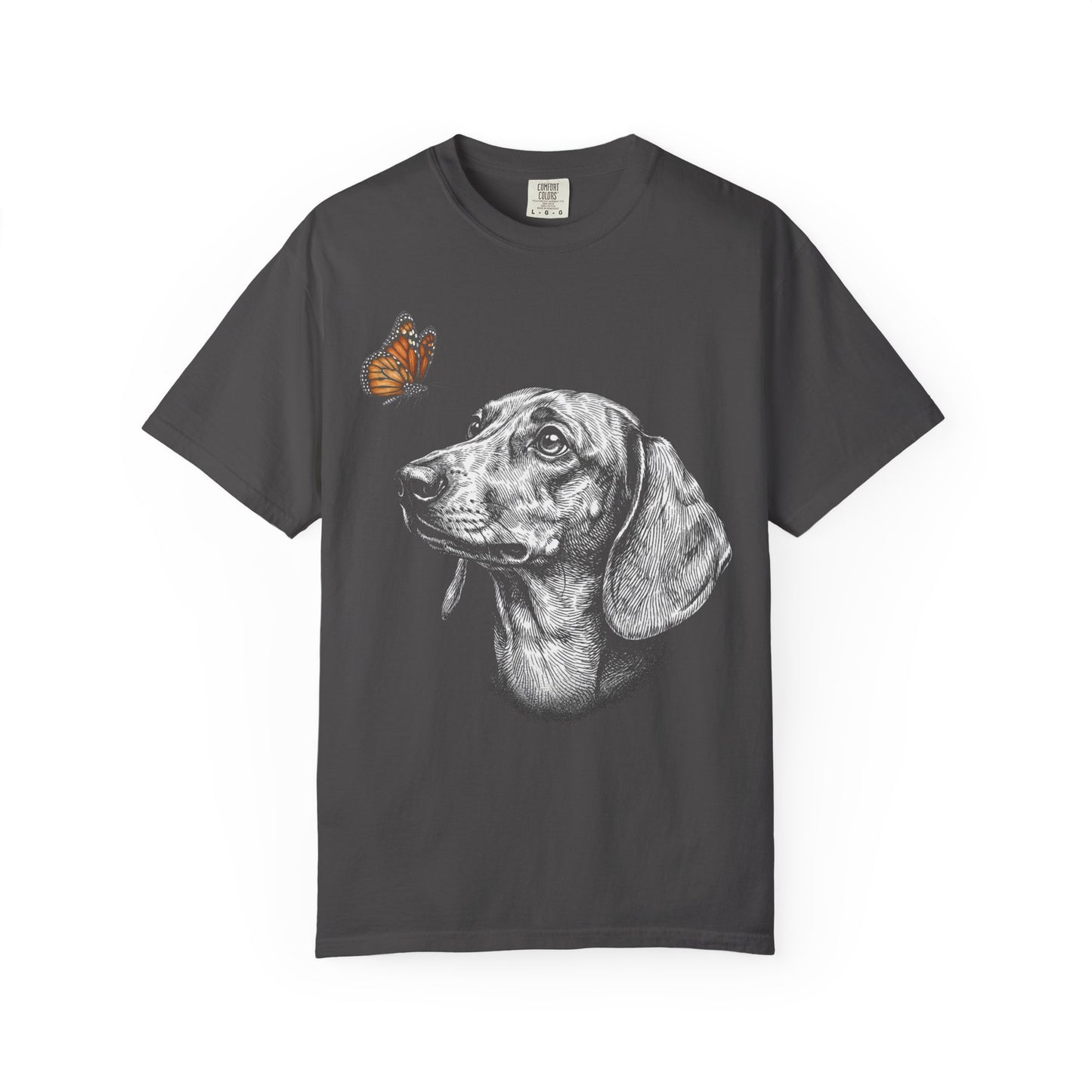 Hello Butterfly Dachshund T-Shirt in Graphite from When Dogs Fly