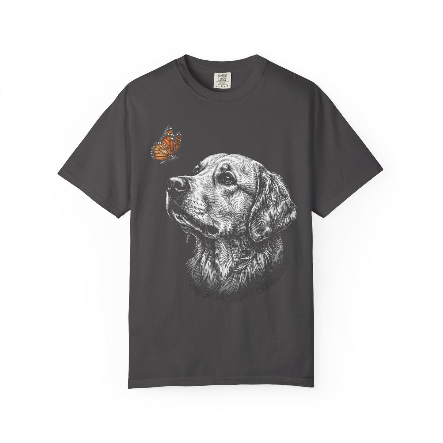 Hello Butterfly Golden Retriever T-Shirt in Graphite from When Dogs Fly