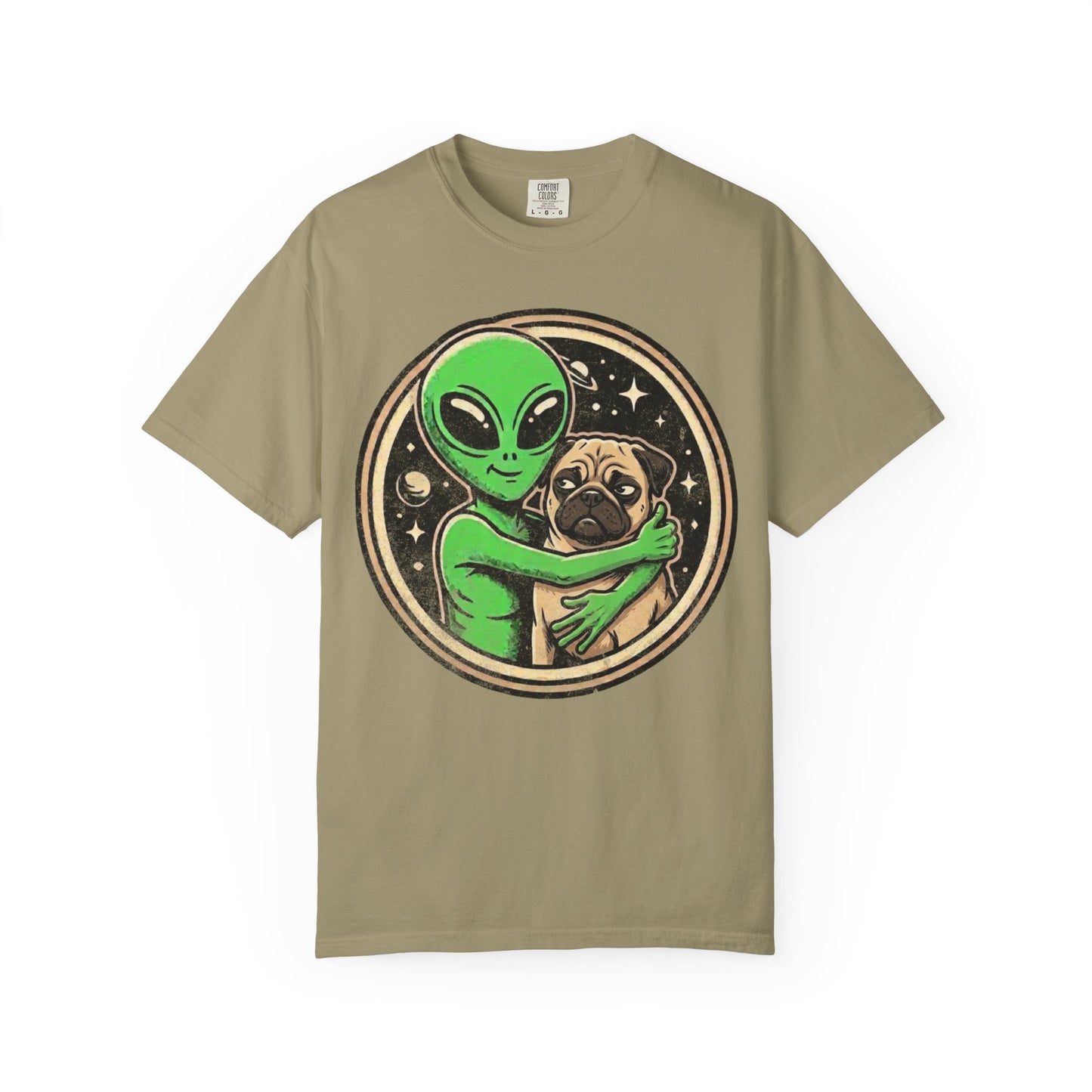 Every Alien Needs a Pug T-Shirt in Khaki from When Dogs Fly