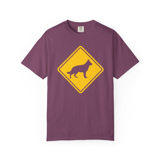 German Shepherd Dog Crossing T-Shirt in Berry from When Dogs Fly