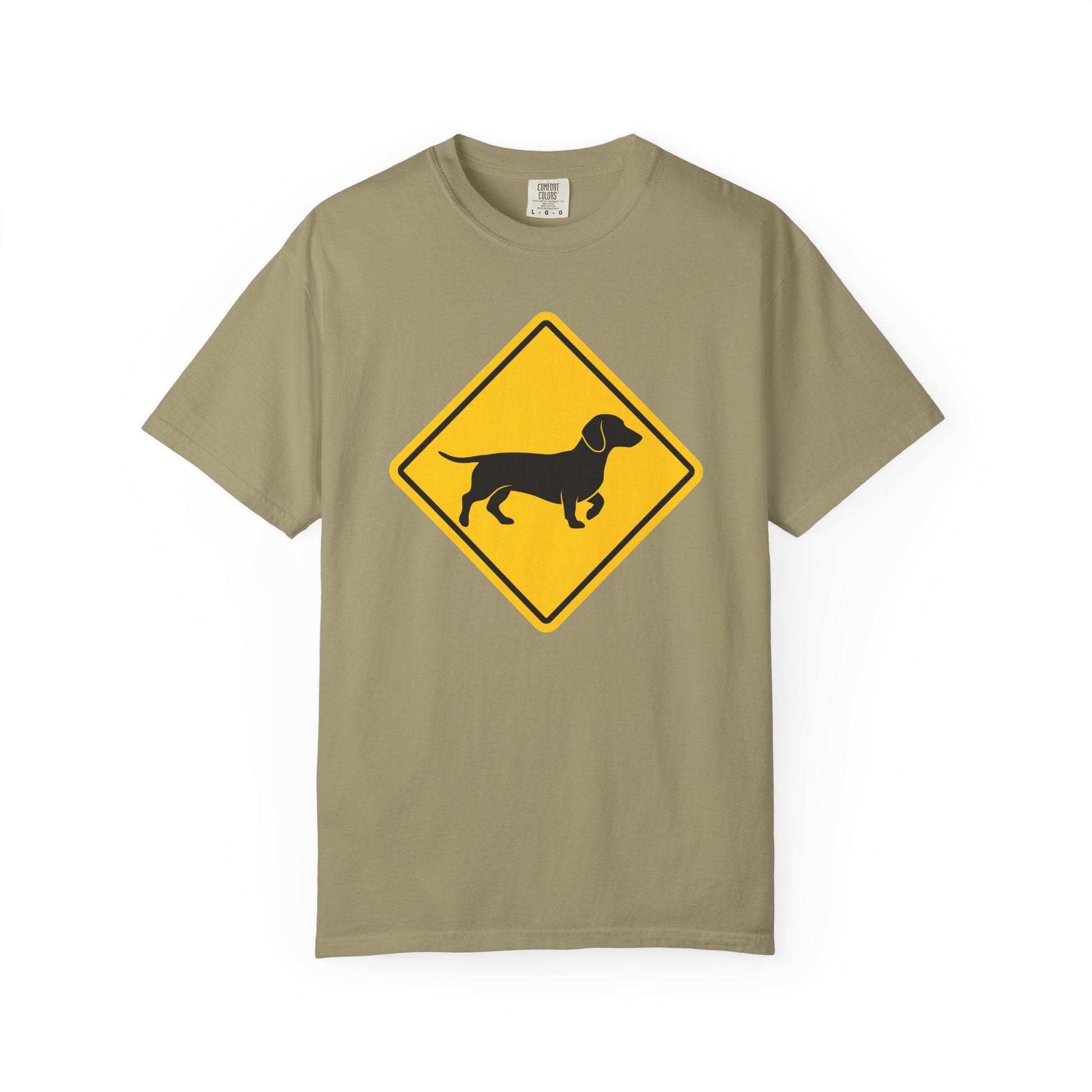Dachshund Dog Crossing T-Shirt in Khaki from When Dogs Fly