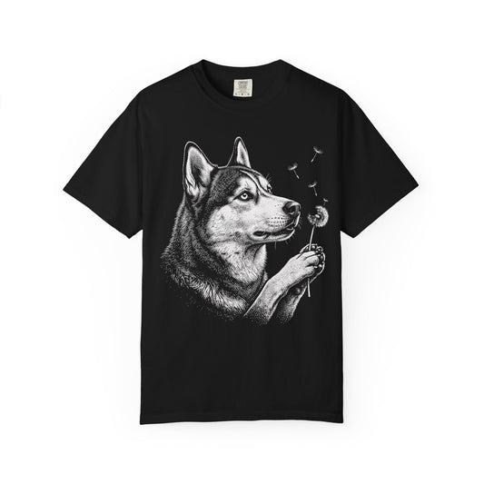 Siberian Husky Dandelion Seeds T-Shirt in Black from When Dogs Fly