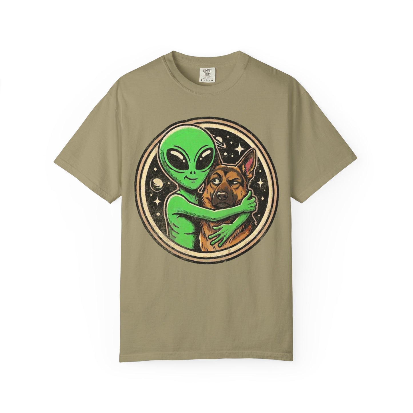 Every Alien Needs a German Shepherd T-Shirt in Khaki from When Dogs Fly