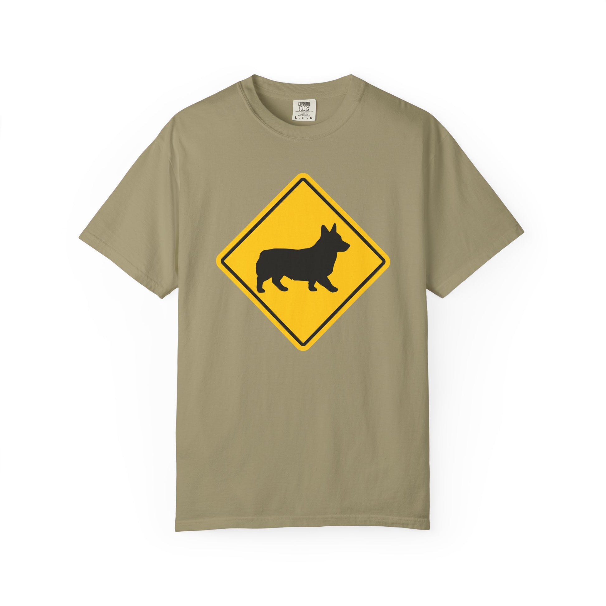 Corgi Dog Crossing T-Shirt in Khaki from When Dogs Fly