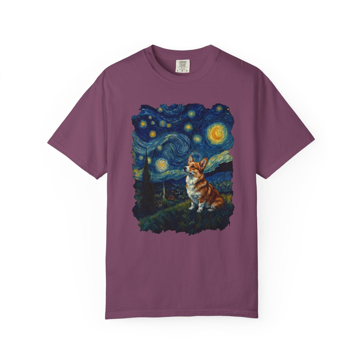 Starry Night Corgi T-Shirt in Berry from When Dogs Fly