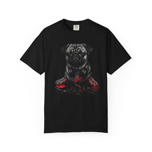 Spin, Sit, Stay Red Mix Pug T-Shirt from When Dogs Fly