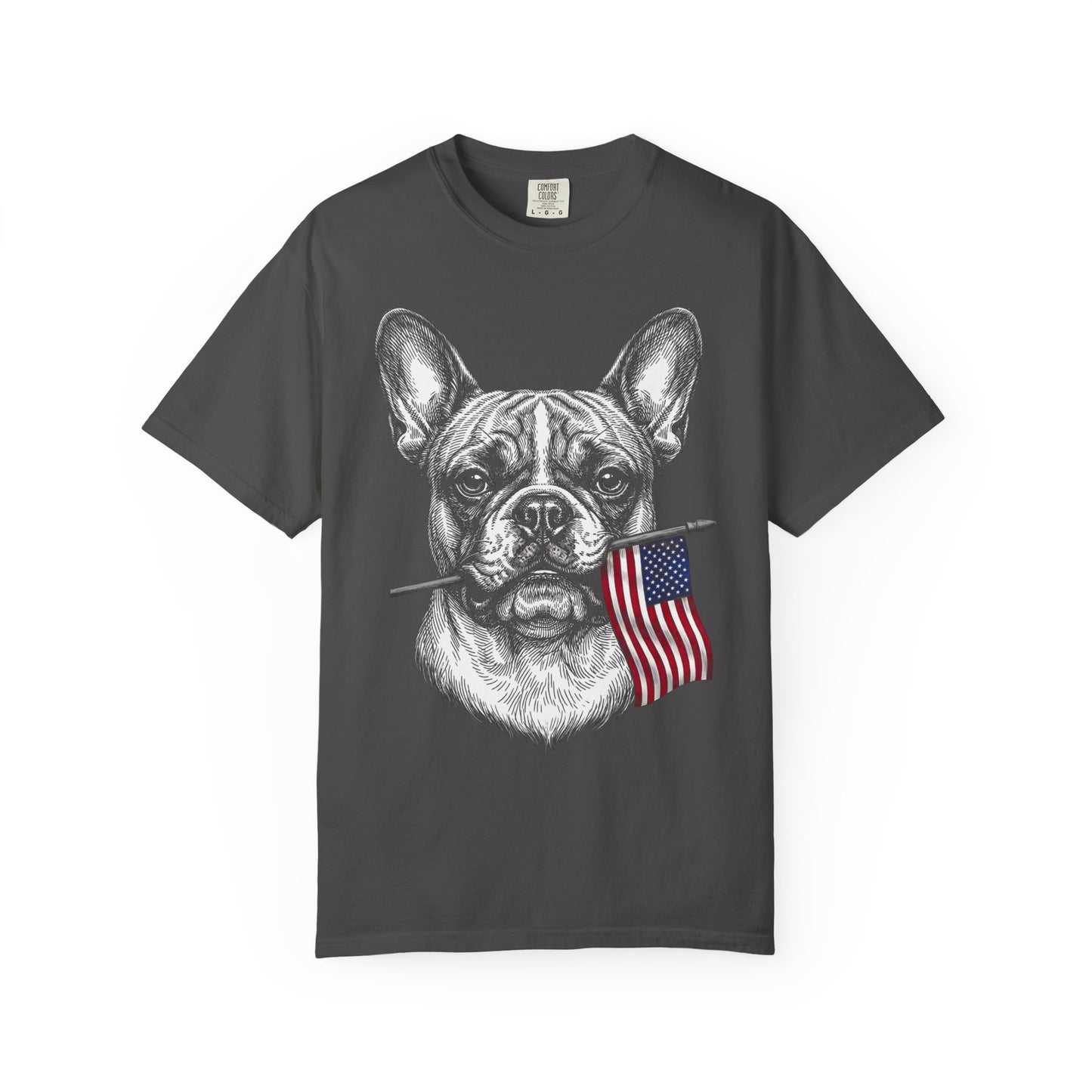 Red, White & French Bulldog American Flag T-Shirt in Graphite from When Dogs Fly