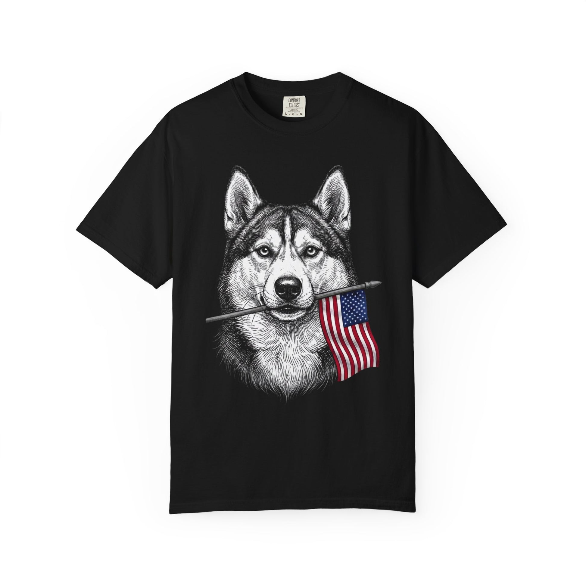 Red, White & Siberian Husky American Flag T-Shirt in Black from When Dogs Fly