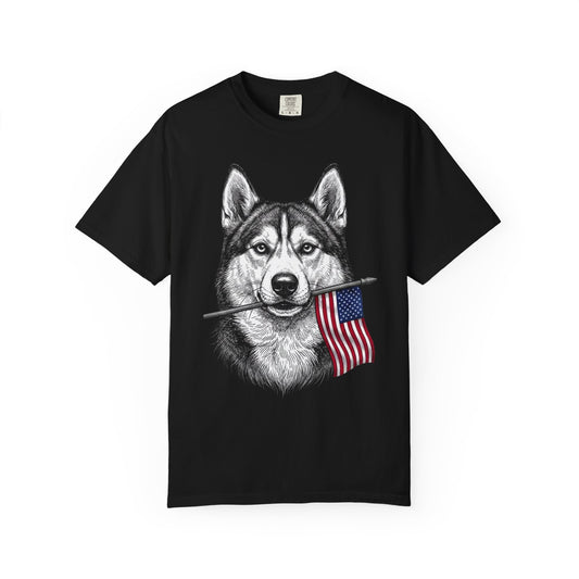 Red, White & Siberian Husky American Flag T-Shirt in Black from When Dogs Fly