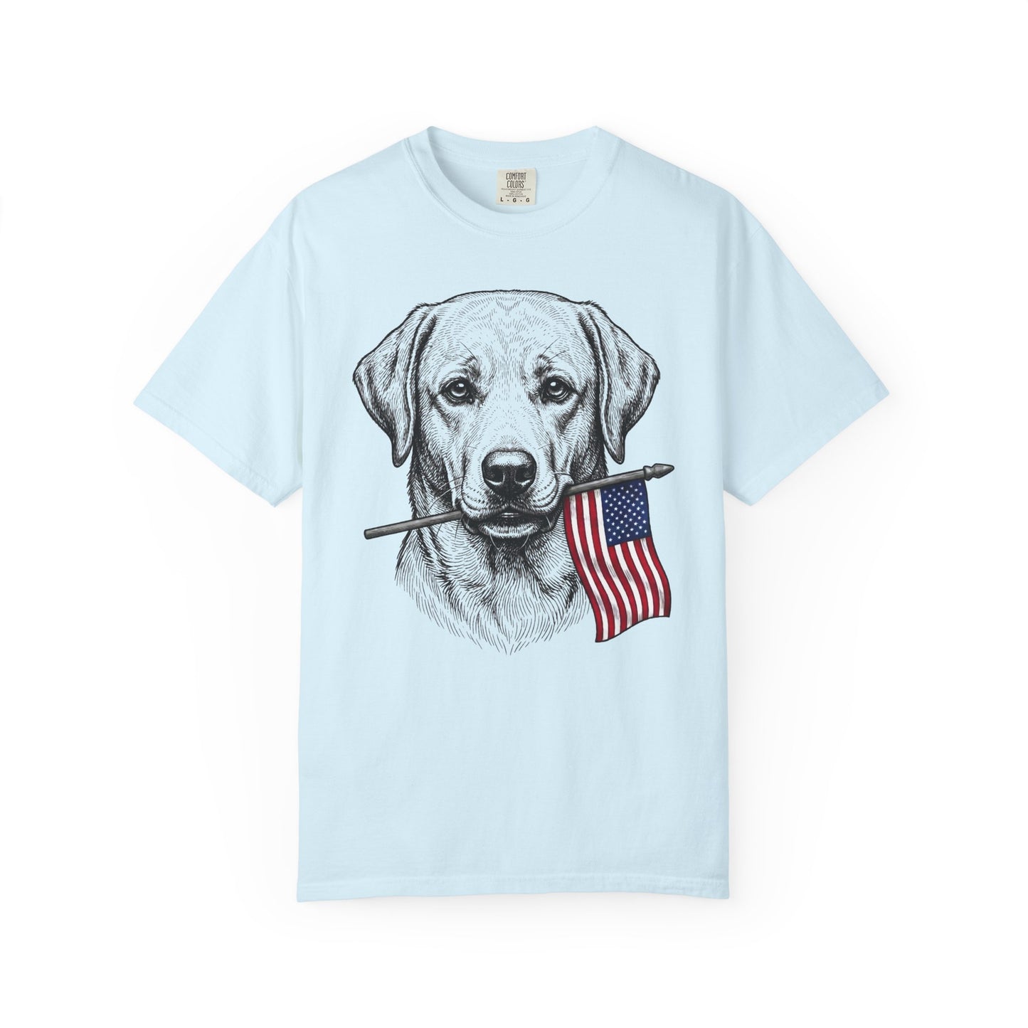 Red, White & Labrador Retriever American Flag T-Shirt in Chambray from When Dogs Fly