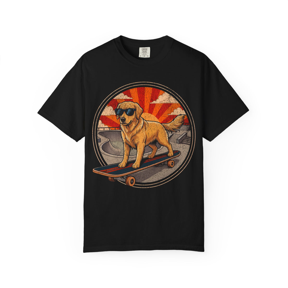Stay Rad Skateboarding Golden Retriever T-Shirt in Black from When Dogs Fly