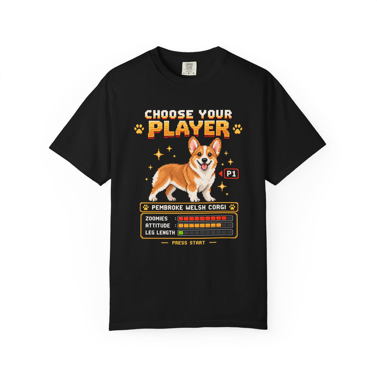 Choose Your Player Corgi T-Shirt in Black from When Dogs Fly