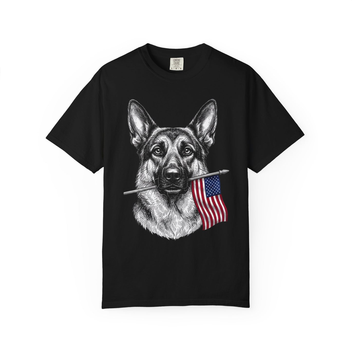 Red, White & German Shepherd American Flag T-Shirt in Black from When Dogs Fly