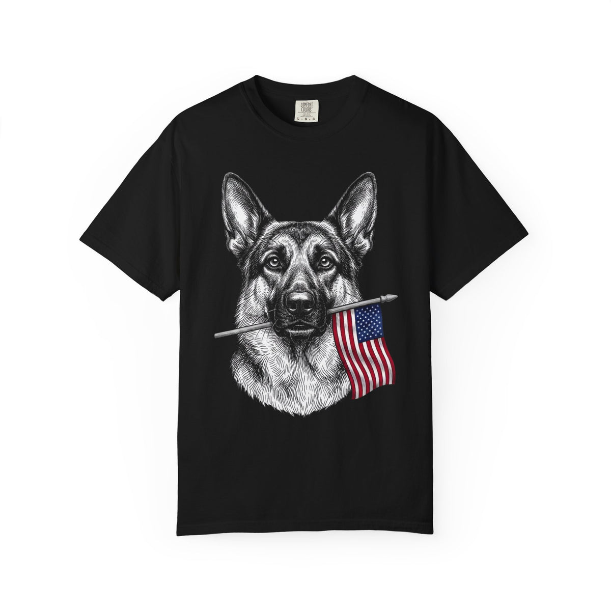 Red, White & German Shepherd American Flag T-Shirt in Black from When Dogs Fly