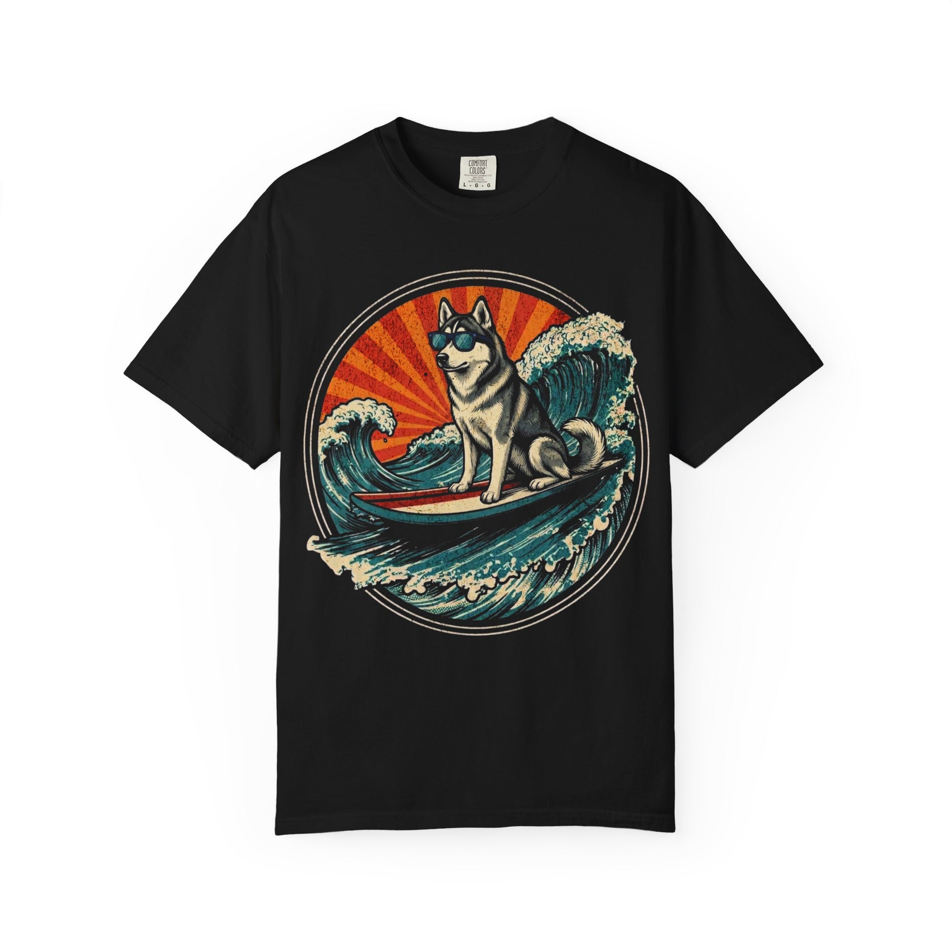 Surf's Up, Siberian Husky T-Shirt in Black from When Dogs Fly