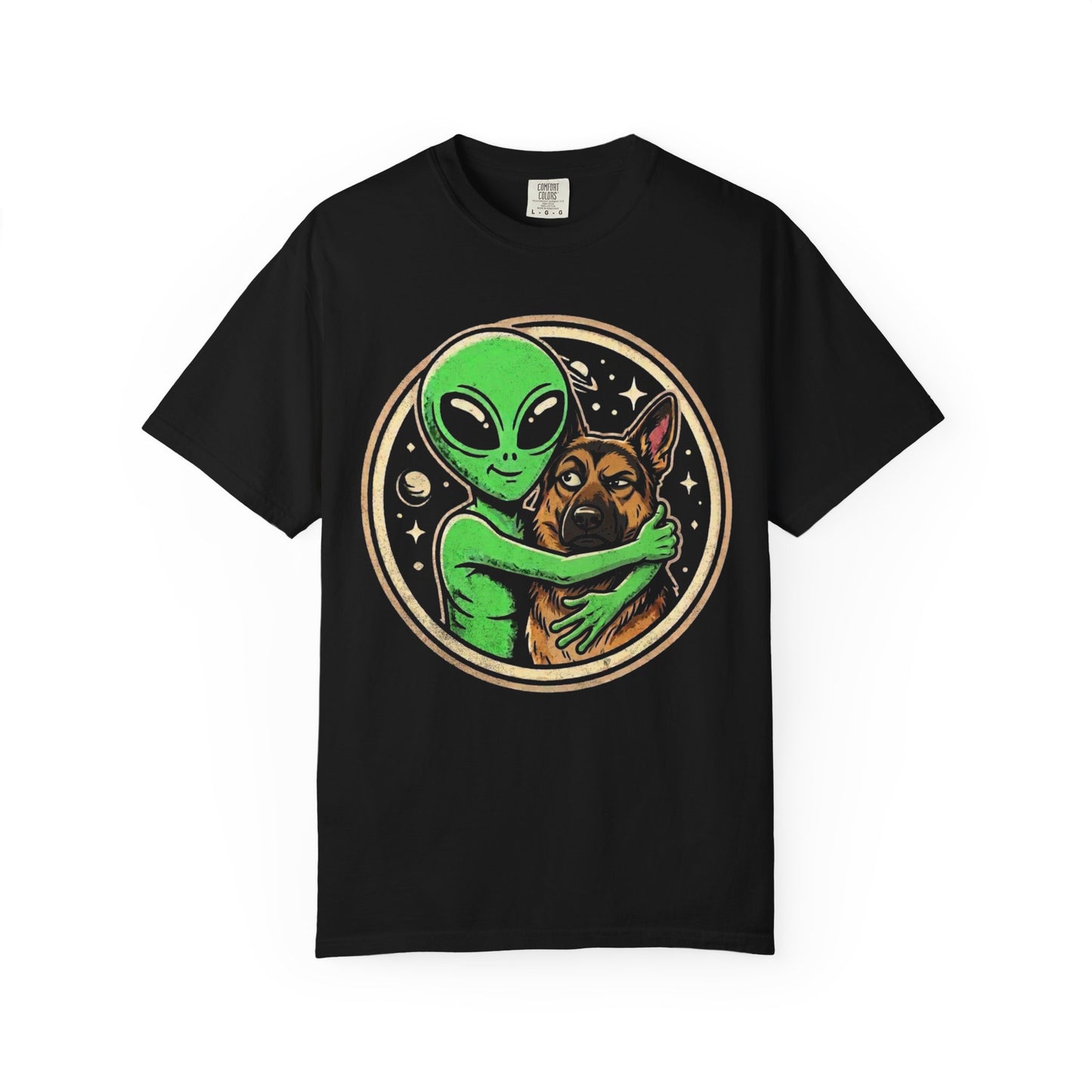 Every Alien Needs a German Shepherd T-Shirt in Black from When Dogs Fly