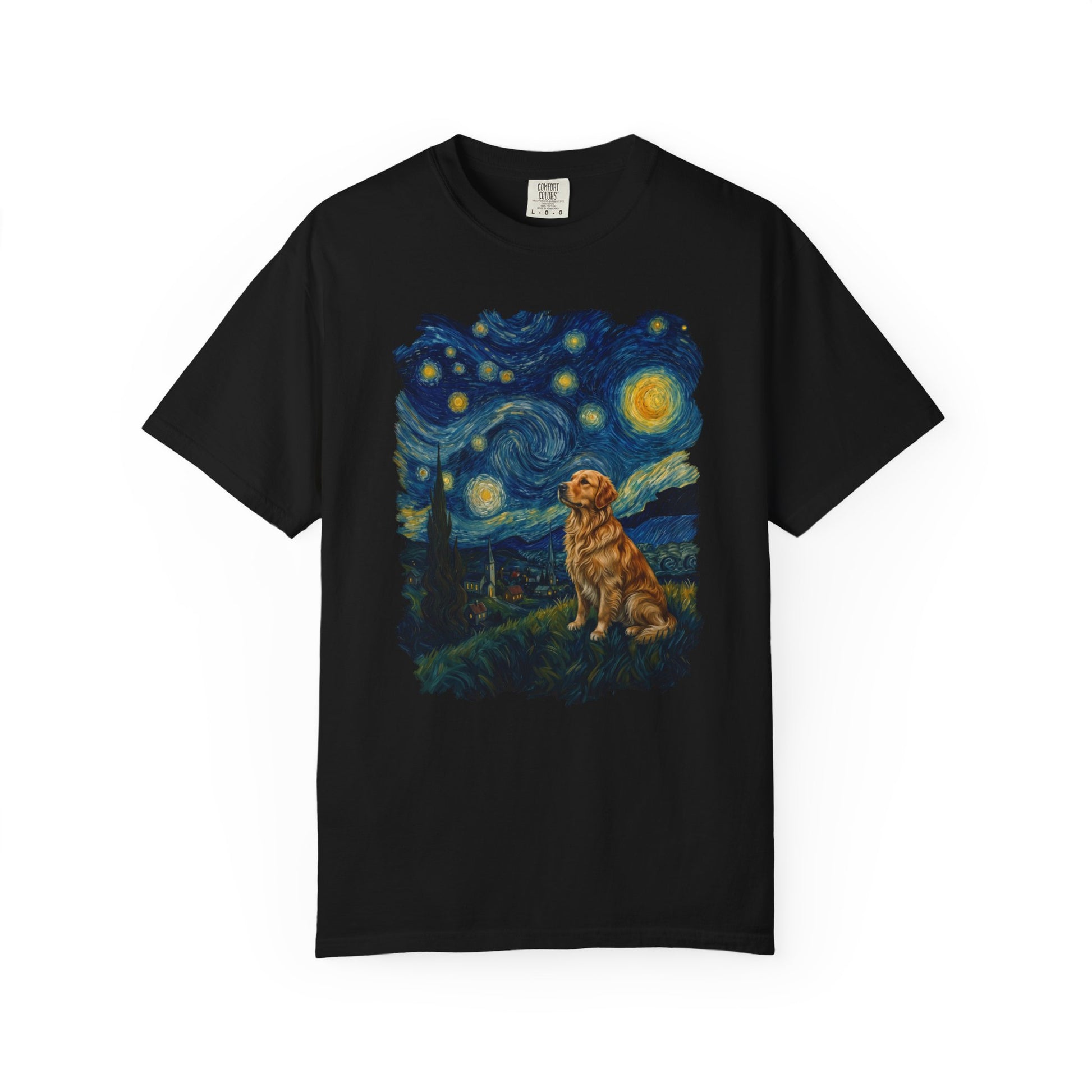 Starry Night Golden Retriever T-Shirt in Black from When Dogs Fly
