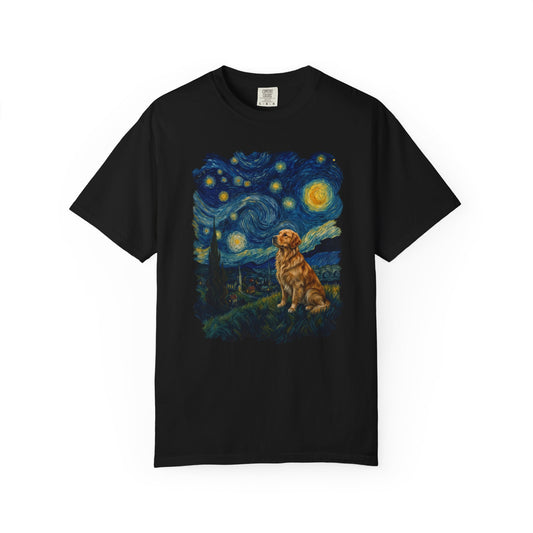 Starry Night Golden Retriever T-Shirt in Black from When Dogs Fly