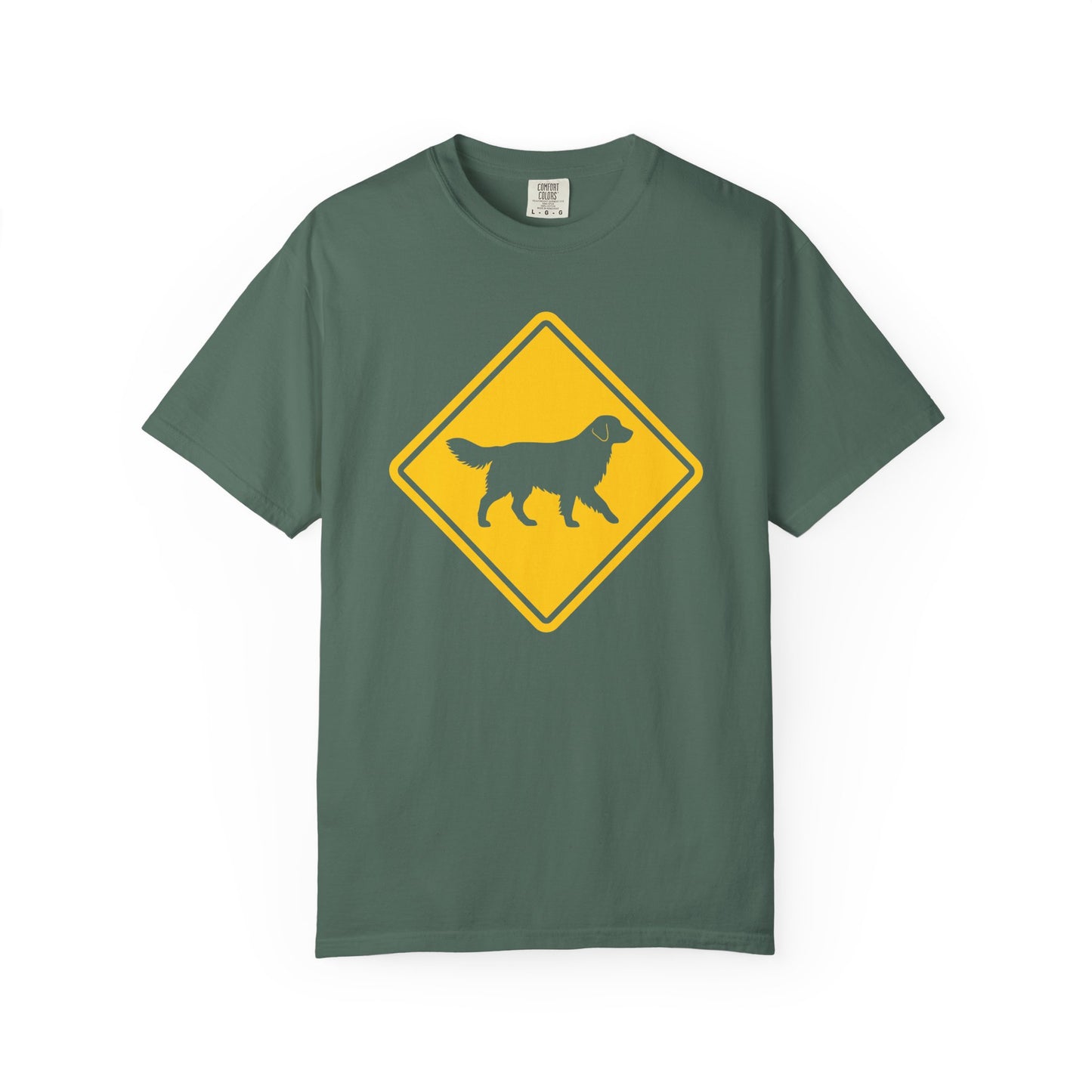 Golden Retriever Dog Crossing T-Shirt in Blue Spruce from When Dogs Fly