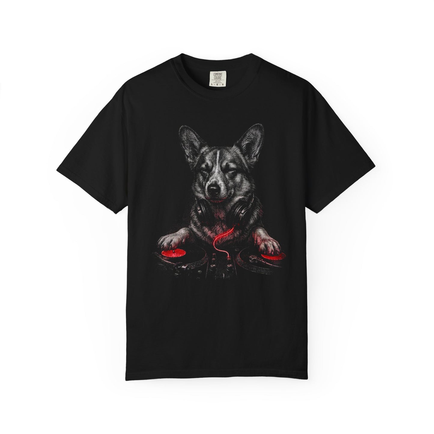 Spin, Sit, Stay Red Mix Corgi T-Shirt in Black from When Dogs Fly