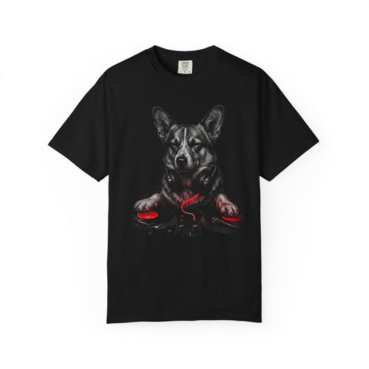 Spin, Sit, Stay Red Mix Corgi T-Shirt in Black from When Dogs Fly