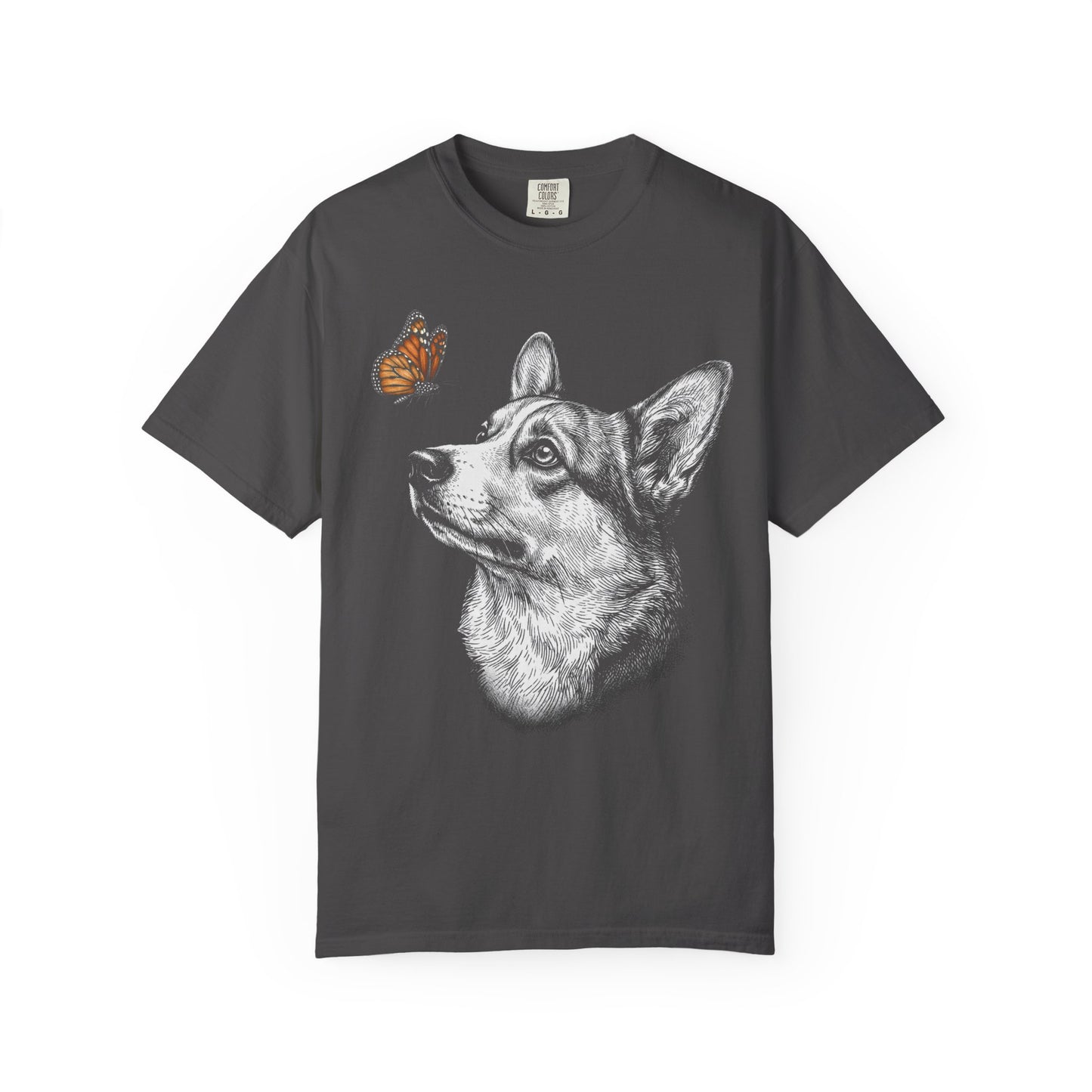 Hello Butterfly Corgi T-Shirt in Graphite from When Dogs Fly