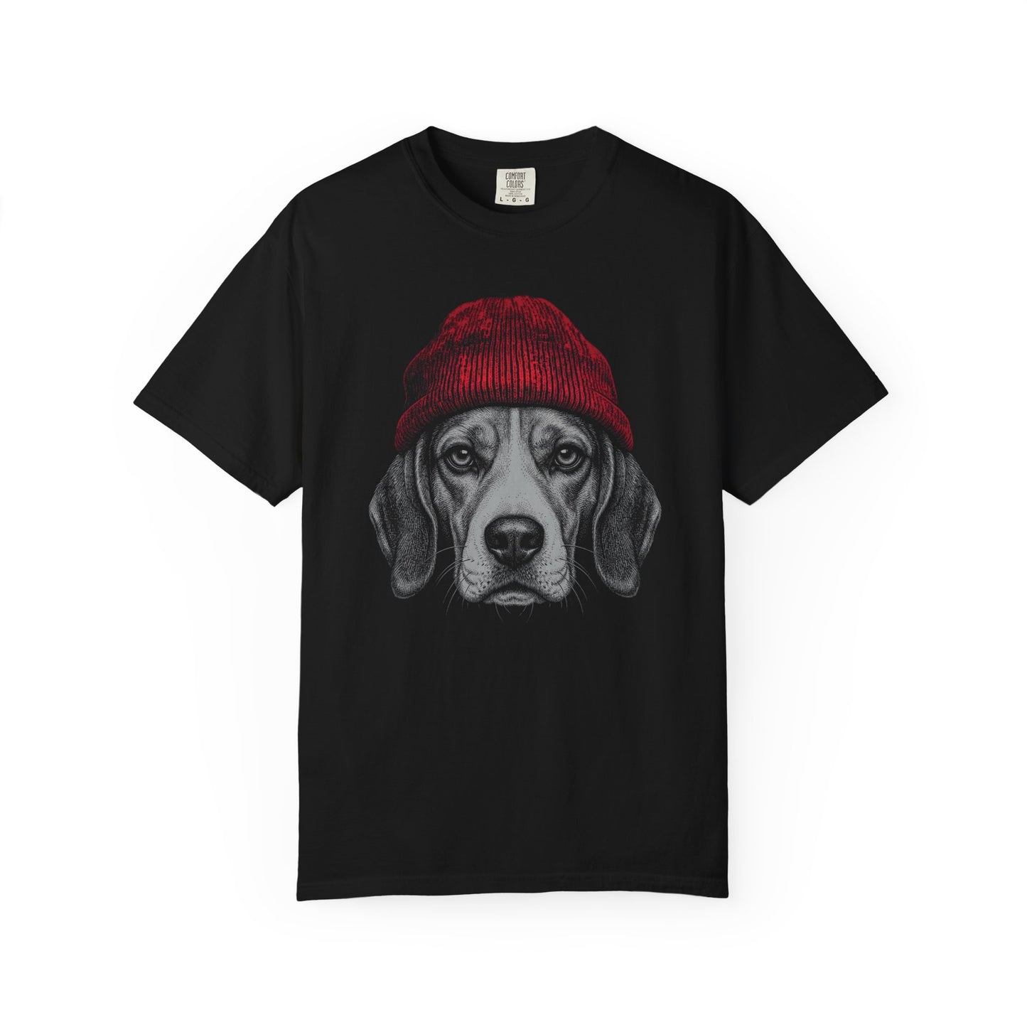 Red Beanie Beagle T-Shirt in Black from When Dogs Fly