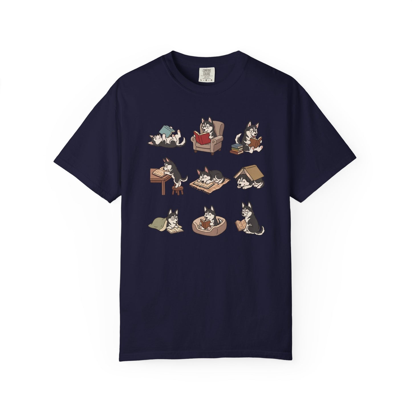 Siberian Husky Book Club T-Shirt in True Navy from When Dogs Fly
