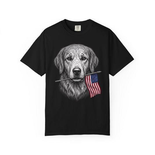 Red, White & Golden Retriever American Flag T-Shirt in Black from When Dogs Fly