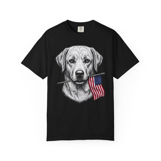 Red, White & Labrador Retriever American Flag T-Shirt in Black from When Dogs Fly