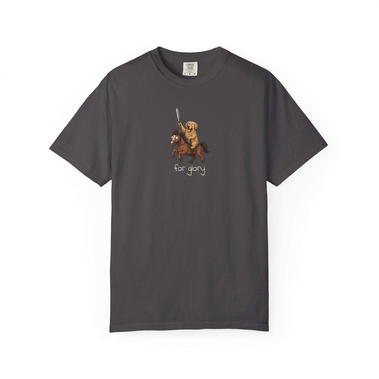 For Glory Golden Retriever T-Shirt in Graphite from When Dogs Fly