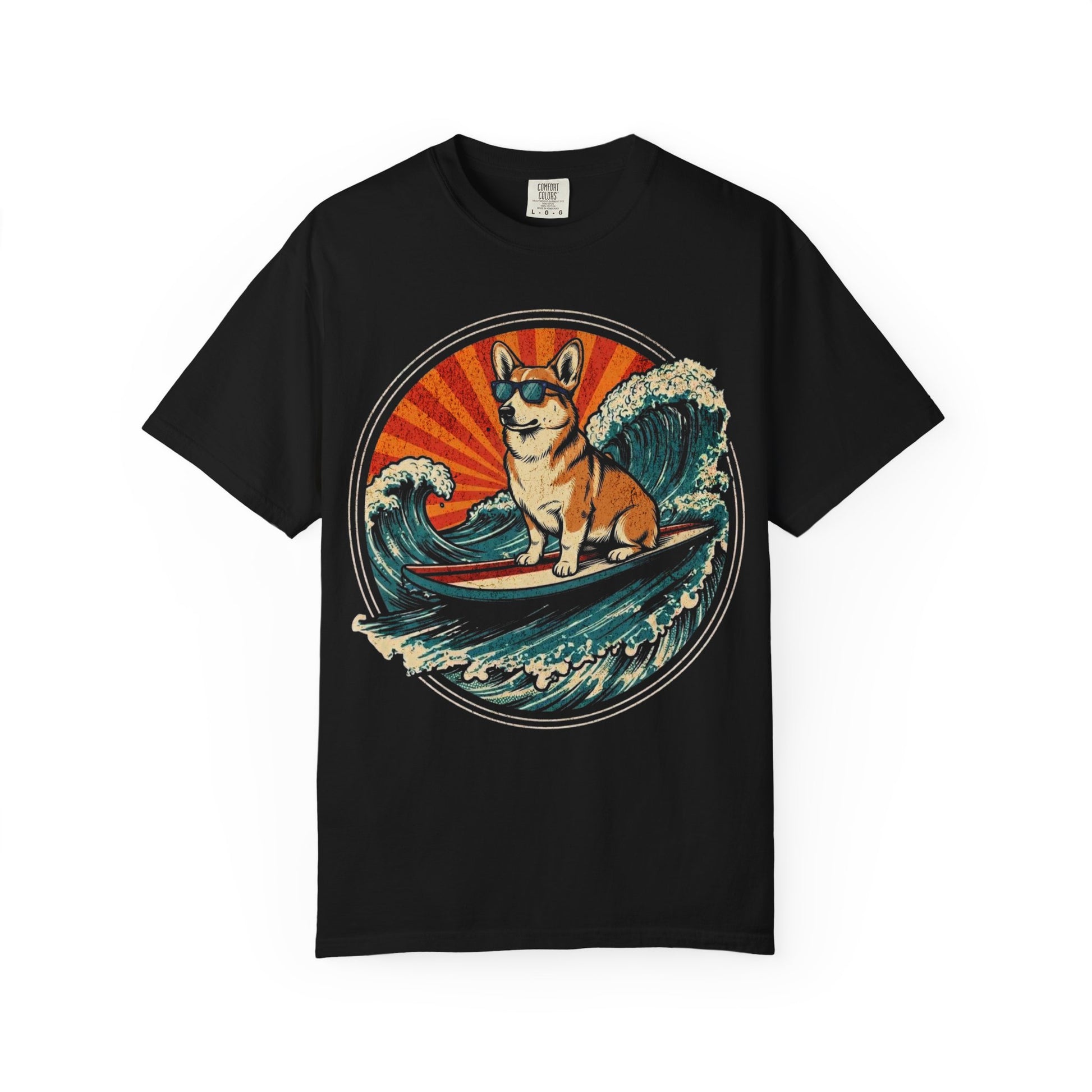 Surf's Up, Corgi T-Shirt in Black from When Dogs Fly