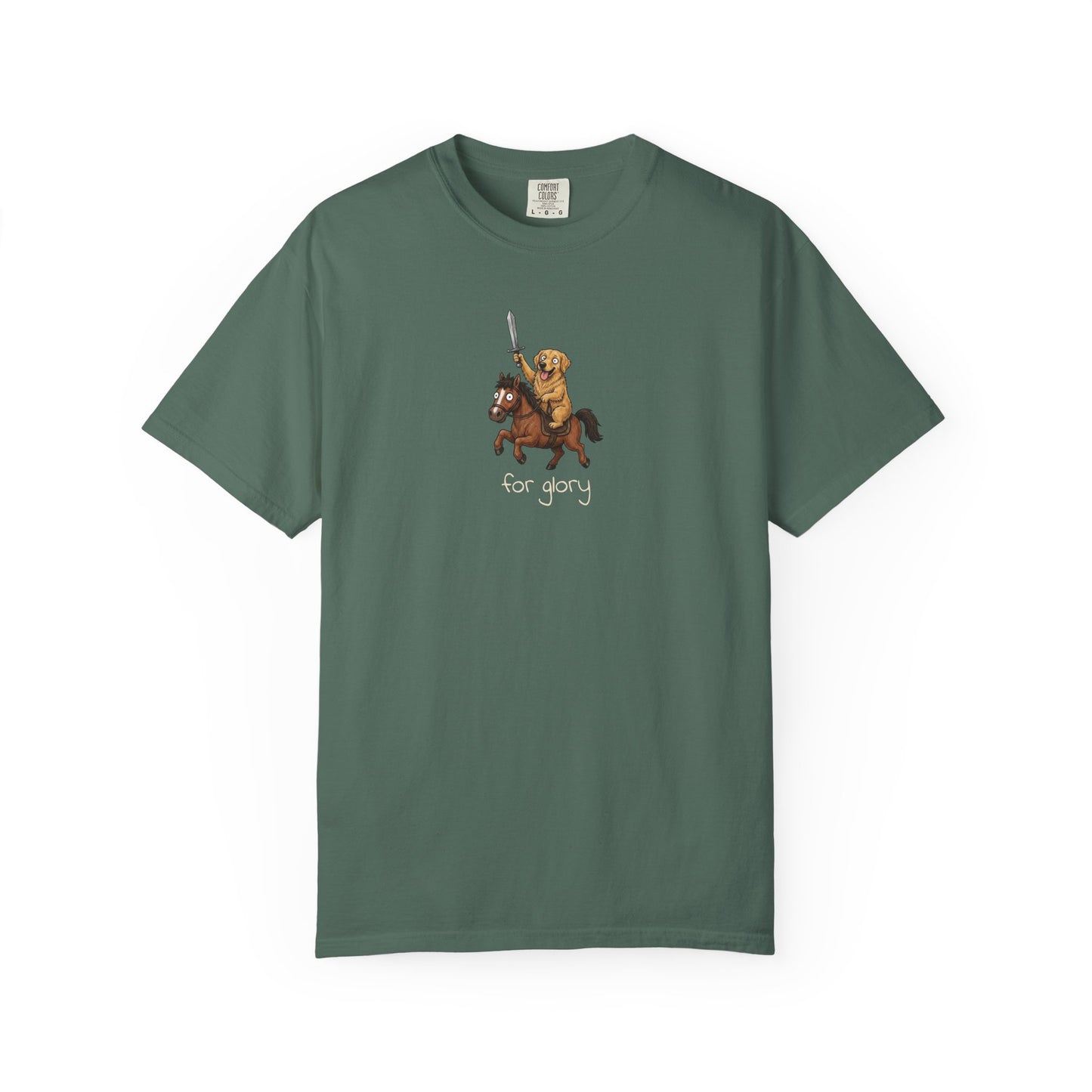 For Glory Golden Retriever T-Shirt in Blue Spruce from When Dogs Fly