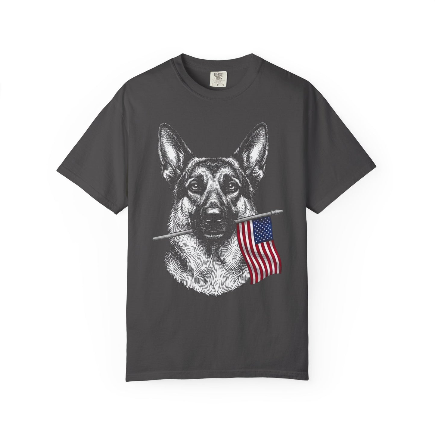 Red, White & German Shepherd American Flag T-Shirt in Graphite from When Dogs Fly