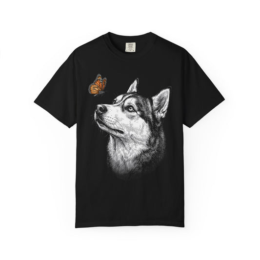 Hello Butterfly Siberian Husky T-Shirt in Black from When Dogs Fly