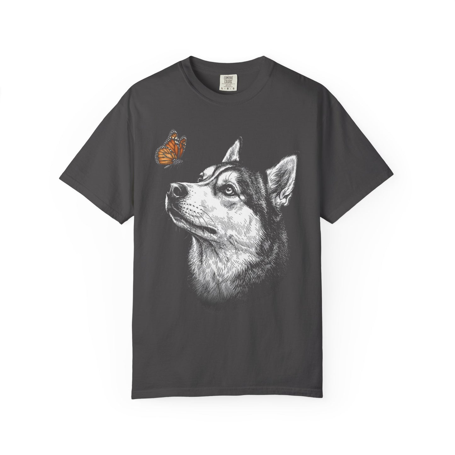 Hello Butterfly Siberian Husky T-Shirt in Graphite from When Dogs Fly