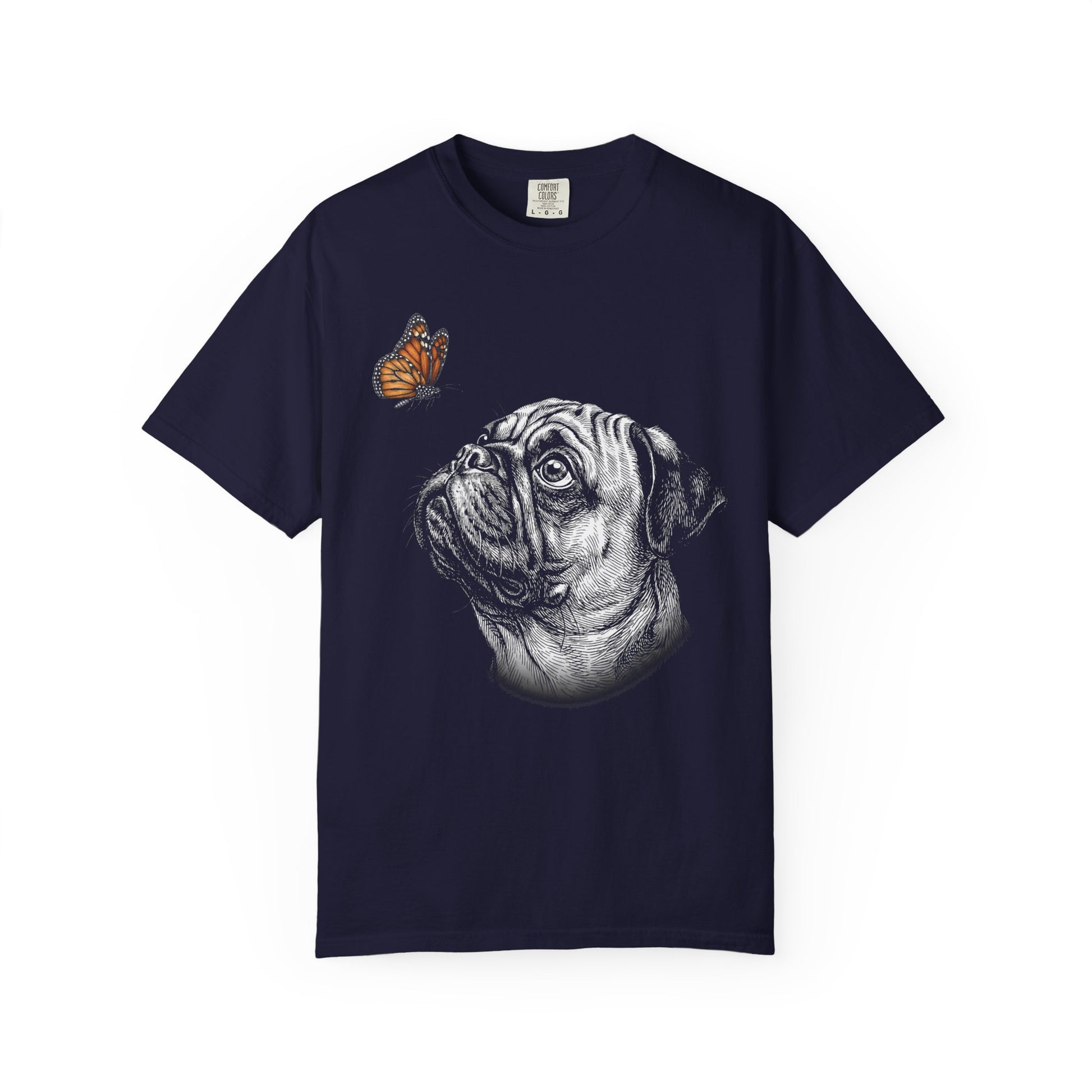 Hello Butterfly Pug T-Shirt in True Navy from When Dogs Fly