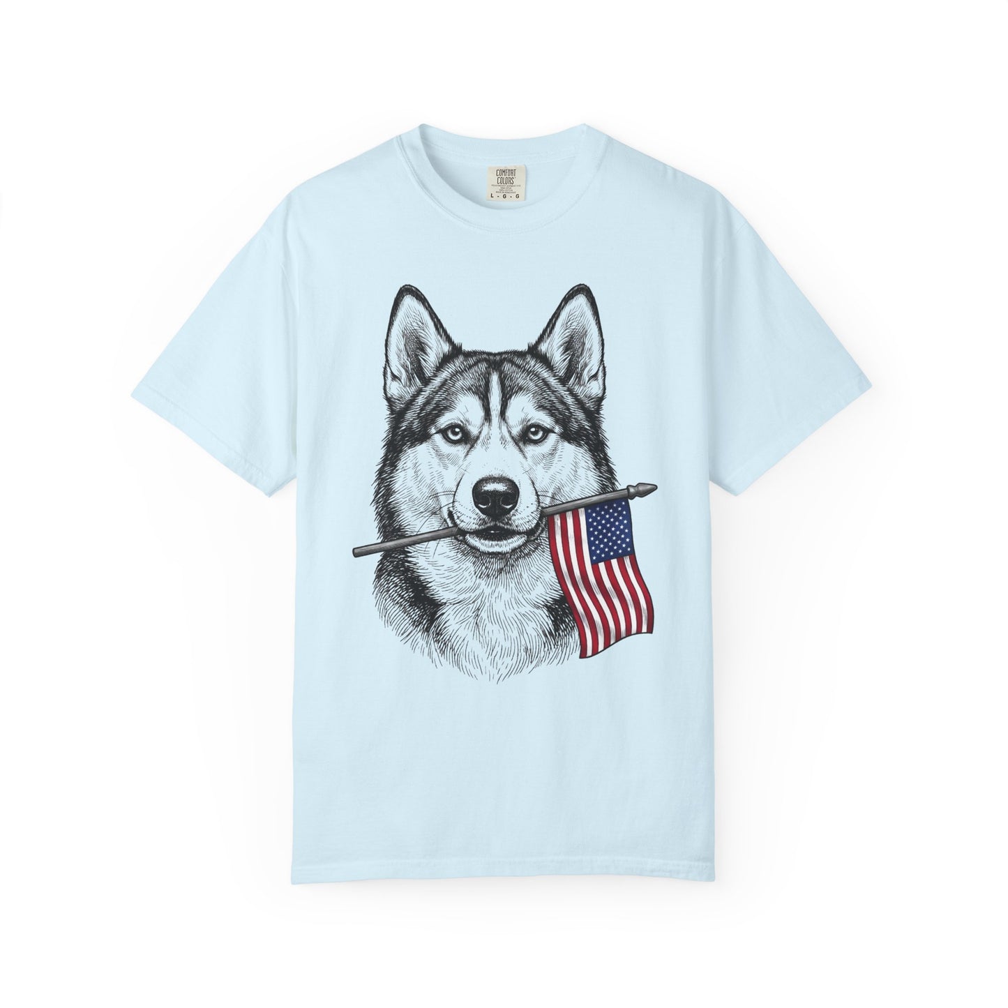 Red, White & Siberian Husky American Flag T-Shirt in Chambray from When Dogs Fly