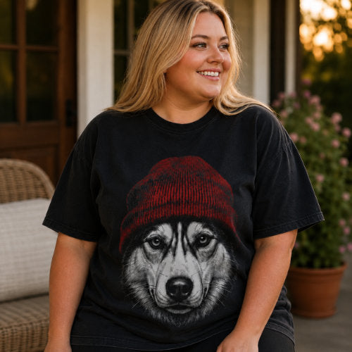 Woman wearing a black Red Beanie Husky T-shirt